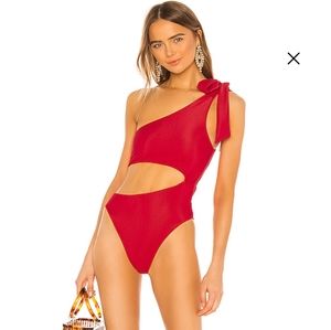 Akin by same, red ribbed cut out/tie swimsuit